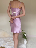Niulatu Spaghetti Strap Sheath Short Prom Dresses Purple Birthday Dresses Satin Sleeveless Homecoming Dresses HZ1026