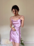 Niulatu Spaghetti Strap Sheath Short Prom Dresses Purple Birthday Dresses Satin Sleeveless Homecoming Dresses HZ1026