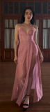 Niulatu Spaghetti Strap A-Line Long Prom Dresses with Slits Open Back Dusty Pink Formal Dresses HZ1026