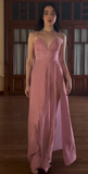 Niulatu Spaghetti Strap A-Line Long Prom Dresses with Slits Open Back Dusty Pink Formal Dresses HZ1026