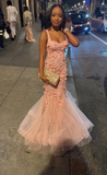 Niulatu Straps Mermaid Long Prom Dresses with Appliqu¨¦ Tulle Pink Formal Dresses Sweet Birthday Dresses HZ1026