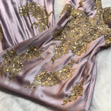 Niulatu V-neck Sheath Long Prom DResses Satin Sequins Gray Purple Formal Dresses HZ1026