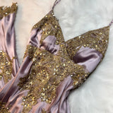 Niulatu V-neck Sheath Long Prom DResses Satin Sequins Gray Purple Formal Dresses HZ1026
