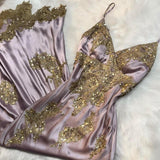 Niulatu V-neck Sheath Long Prom DResses Satin Sequins Gray Purple Formal Dresses HZ1026