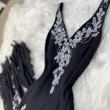 Niulatu V-neck Sheath Long Prom Dresses Chiffon Sequin Black Formal Dresses Sleeveless Evening Gowns HZ1026