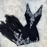 Niulatu V-neck Sheath Long Prom Dresses Chiffon Sequin Black Formal Dresses Sleeveless Evening Gowns HZ1026