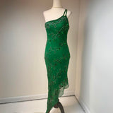 Niulatu One Shoulder Sheath Formal Dresses Chiffon Beaded Green Prom Dresses Elegant Evening Gowns HZ1026