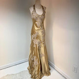 Niulatu Halter Gold Formal Dresses Satin Applique Prom Dresses Elegant Sheath Evening Gowns HZ1026