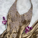 Niulatu Halter Gold Formal Dresses Satin Applique Prom Dresses Elegant Sheath Evening Gowns HZ1026