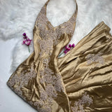 Niulatu Halter Gold Formal Dresses Satin Applique Prom Dresses Elegant Sheath Evening Gowns HZ1026