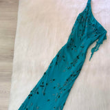 Niulatu One Shoulder Turquoise Long Formal Dresses Chiffon Beaded Prom Dresses Elegant Sheath Evening Gowns HZ1026