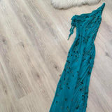 Niulatu One Shoulder Turquoise Long Formal Dresses Chiffon Beaded Prom Dresses Elegant Sheath Evening Gowns HZ1026