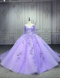 Niulatu Ball Gown Jewel Tulle Long Prom Dresses Applique Beading Purple Quinceanera Dresses Sweet 16 Dresses HZ1026