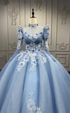 Niulatu Style Ball Gown Tulle Long Prom Dresses Appliqu¨¦ Beading Light Blue Quinceanera Dresses Sweet 16 Dresses HZ1026