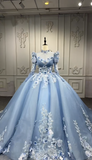 Niulatu Style Ball Gown Tulle Long Prom Dresses Appliqu¨¦ Beading Light Blue Quinceanera Dresses Sweet 16 Dresses HZ1026