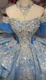 Niulatu Ball Gown Off-the-Shoulder Tulle Long Prom Dresses Appliqu¨¦ Beading Blue Quinceanera Dresses Sweet 16 Dresses HZ1026