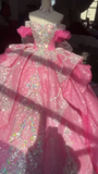 Niulatu Ball Gown Off-the-Shoulder Tulle Long Prom Dresses Appliqu¨¦ Beading Fuchsia Quinceanera Dresses Sweet 16 Dresses HZ1026