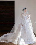 Niulatu Off-the-shoulder A-Line Wedding Dresses Lace Appliques White Bridal Gowns Long Sleeve Bridal Dresses HZ1026