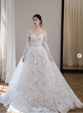 Niulatu Off-the-shoulder A-Line Wedding Dresses Lace Appliques White Bridal Gowns Long Sleeve Bridal Dresses HZ1026