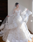 Niulatu Off-the-shoulder A-Line Wedding Dresses Lace Appliques White Bridal Gowns Long Sleeve Bridal Dresses HZ1026