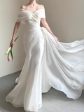 Niulatu Off-the-shoulder Mermaid Wedding Dresses Tulle White Bridal Gowns Simple Bridal Dresses HZ1026
