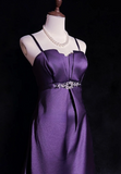 Niulatu Sheath Dark Purple Formal Dresses Spaghetti Straps Guest Dresses Satin Short Prom Dresses HZ1026
