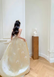 Niulatu Strapless A-Line Long Prom Dresses Satin Butter Yellow Long Formal Dresses, Cute Birthday Dresses HZ1026