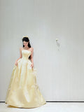 Niulatu Strapless A-Line Long Prom Dresses Satin Butter Yellow Long Formal Dresses, Cute Birthday Dresses HZ1026