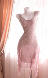 Niulatu V-neck Sheath Short Prom Dresses Chiffon Beaded Homecoming Dresses Dusty Pink Birthday Dresses HZ1026