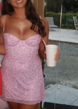 Niulatu Spaghetti Straps Sheath Short Sheath Prom Dresses Pink Birthday Dresses Tulle Rhinestone Sparkly Homecoming Dresses HZ1026
