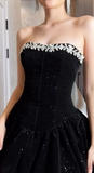 Niulatu A-Line Short Prom Dresses Strapless Black Birthday Dresses Velvet Sequin Homecoming Dresses HZ1026