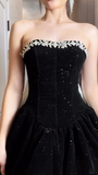 Niulatu A-Line Short Prom Dresses Strapless Black Birthday Dresses Velvet Sequin Homecoming Dresses HZ1026