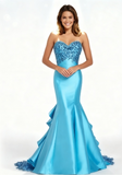 Niulatu Strapless Mermaid Long Prom Dresses Satin Blue Evening Gowns HZ1026