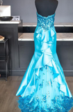 Niulatu Strapless Mermaid Long Prom Dresses Satin Blue Evening Gowns HZ1026