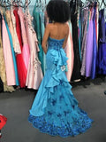 Niulatu Strapless Mermaid Long Prom Dresses Satin Blue Evening Gowns HZ1026