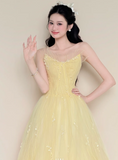 Niulatu Strapless A-Line Long Prom Dresses Tulle Yellow Sweet 16 Dress HZ1026
