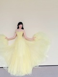 Niulatu Strapless A-Line Long Prom Dresses Tulle Yellow Sweet 16 Dress HZ1026