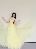 Niulatu Strapless A-Line Long Prom Dresses Tulle Yellow Sweet 16 Dress HZ1026