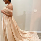 Niulatu Off-the-shoulder A-Line Long Prom Dresses Satin Applique Champagne Evening Gowns HZ1026