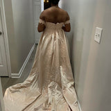 Niulatu Off-the-shoulder A-Line Long Prom Dresses Satin Applique Champagne Evening Gowns HZ1026