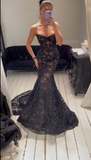 Niulatu Sweetheart Neck Mermaid Long Prom Dresses Lace Applique Black Evening Gowns HZ1026