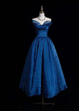 Niulatu Strapless A-Line Long Prom Dresses Polka Dot Tulle Blue Birthday Dresses HZ1026