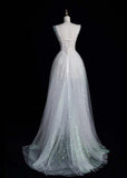 Niulatu V-neck A-Line Long Prom Dresses Tulle Sequins White Birthday Dresses Sweet 16 Dress HZ1026