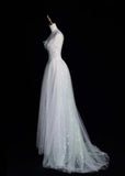 Niulatu V-neck A-Line Long Prom Dresses Tulle Sequins White Birthday Dresses Sweet 16 Dress HZ1026
