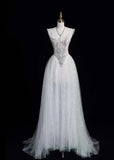 Niulatu V-neck A-Line Long Prom Dresses Tulle Sequins White Birthday Dresses Sweet 16 Dress HZ1026