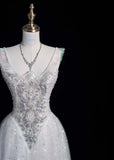 Niulatu V-neck A-Line Long Prom Dresses Tulle Sequins White Birthday Dresses Sweet 16 Dress HZ1026