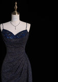 Niulatu Spaghetti Strap Sheath Long Prom Dresses Glitter Sequin Navy Blue Formal Dresses HZ1026