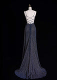 Niulatu Spaghetti Strap Sheath Long Prom Dresses Glitter Sequin Navy Blue Formal Dresses HZ1026