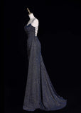 Niulatu Spaghetti Strap Sheath Long Prom Dresses Glitter Sequin Navy Blue Formal Dresses HZ1026