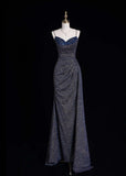 Niulatu Spaghetti Strap Sheath Long Prom Dresses Glitter Sequin Navy Blue Formal Dresses HZ1026